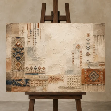 Ivory & Faded Indigo Quiet Luxury Global Textile Wall Art Canvas Print displayed on a studio easel