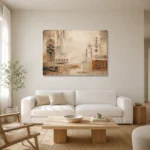 Ivory & Faded Indigo Quiet Luxury Global Textile Wall Art Canvas Print styled in a refined neutral interior