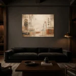 Ivory & Faded Indigo Quiet Luxury Global Textile Wall Art Canvas Print shown in a warm modern interior