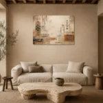 Ivory & Faded Indigo Quiet Luxury Global Textile Wall Art Canvas Print presented in a sophisticated home setting