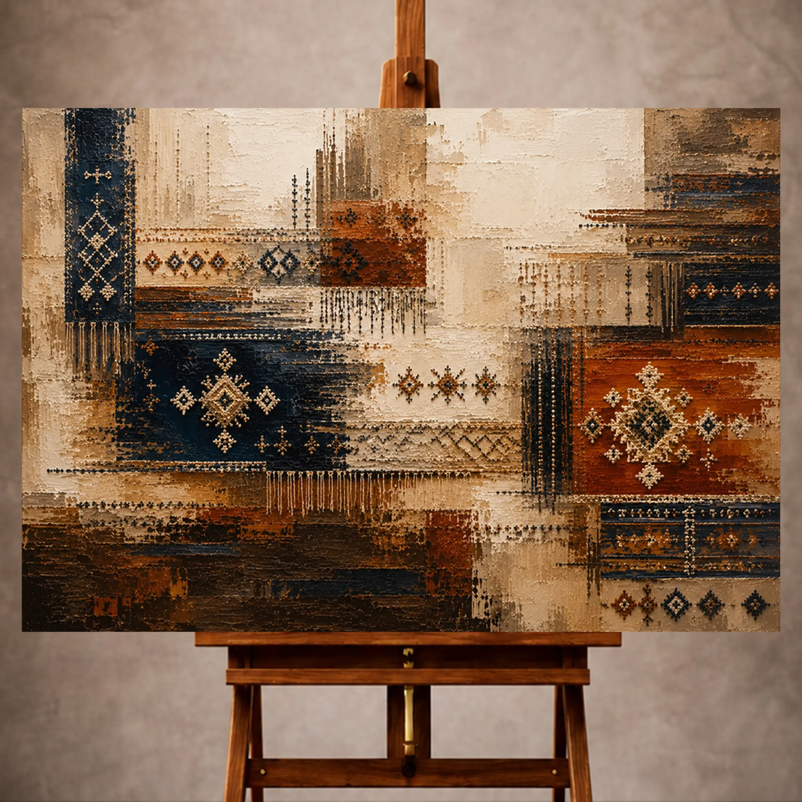 Premium Wall Art Yatay Html Edition – ETNİCART074 Image 1 Indigo and rust Global Textile Wall Art print for elegant interiors. No text or watermarks in design.