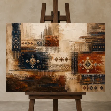 Indigo & Rust Panoramic Global Textile Wall Art Canvas Print displayed on a studio easel