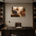 Indigo & Rust Panoramic Global Textile Wall Art Canvas Print displayed in a contemporary gallery-inspired room