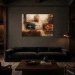 Indigo & Rust Panoramic Global Textile Wall Art Canvas Print shown in a warm modern interior