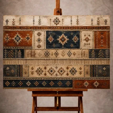 Rust and indigo Global Textile Wall Art print for elegant interiors. No text or watermarks in design.