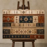 Rust & Indigo Frieze Global Textile Wall Art Canvas Print displayed on a studio easel