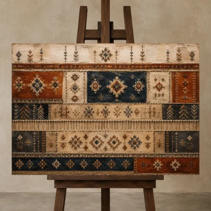 Rust & Indigo Frieze Global Textile Wall Art Canvas Print displayed on a studio easel