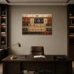 Rust & Indigo Frieze Global Textile Wall Art Canvas Print displayed in a contemporary gallery-inspired room