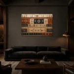 Rust & Indigo Frieze Global Textile Wall Art Canvas Print shown in a warm modern interior