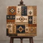 Indigo & Rust Heirloom Global Textile Wall Art Canvas Print displayed on a studio easel