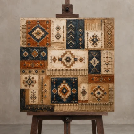 Indigo & Rust Heirloom Global Textile Wall Art Canvas Print displayed on a studio easel