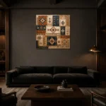 Indigo & Rust Heirloom Global Textile Wall Art Canvas Print shown in a warm modern interior