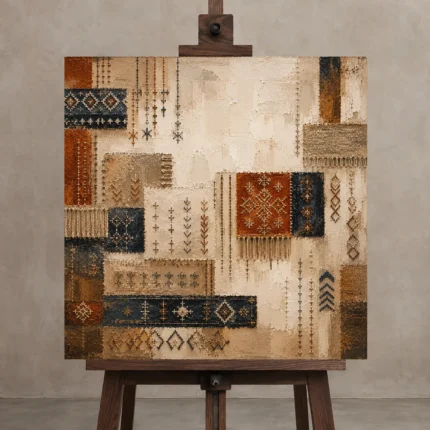 Indigo & Rust Mosaic Global Textile Wall Art Canvas Print displayed on a studio easel