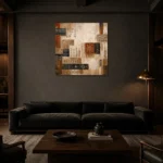 Indigo & Rust Mosaic Global Textile Wall Art Canvas Print shown in a warm modern interior