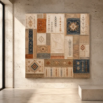 Ivory and faded indigo Global Textile Wall Art print for elegant interiors. No text or watermarks in design.