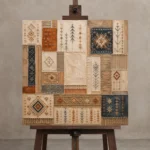 Ivory & Faded Indigo Archive Global Textile Wall Art Canvas Print displayed on a studio easel