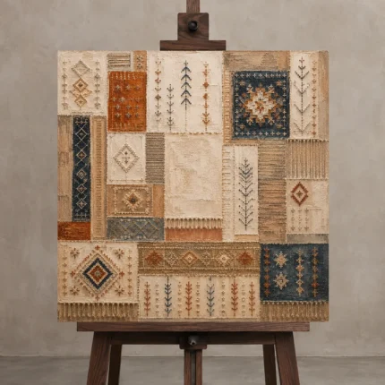 Ivory & Faded Indigo Archive Global Textile Wall Art Canvas Print displayed on a studio easel