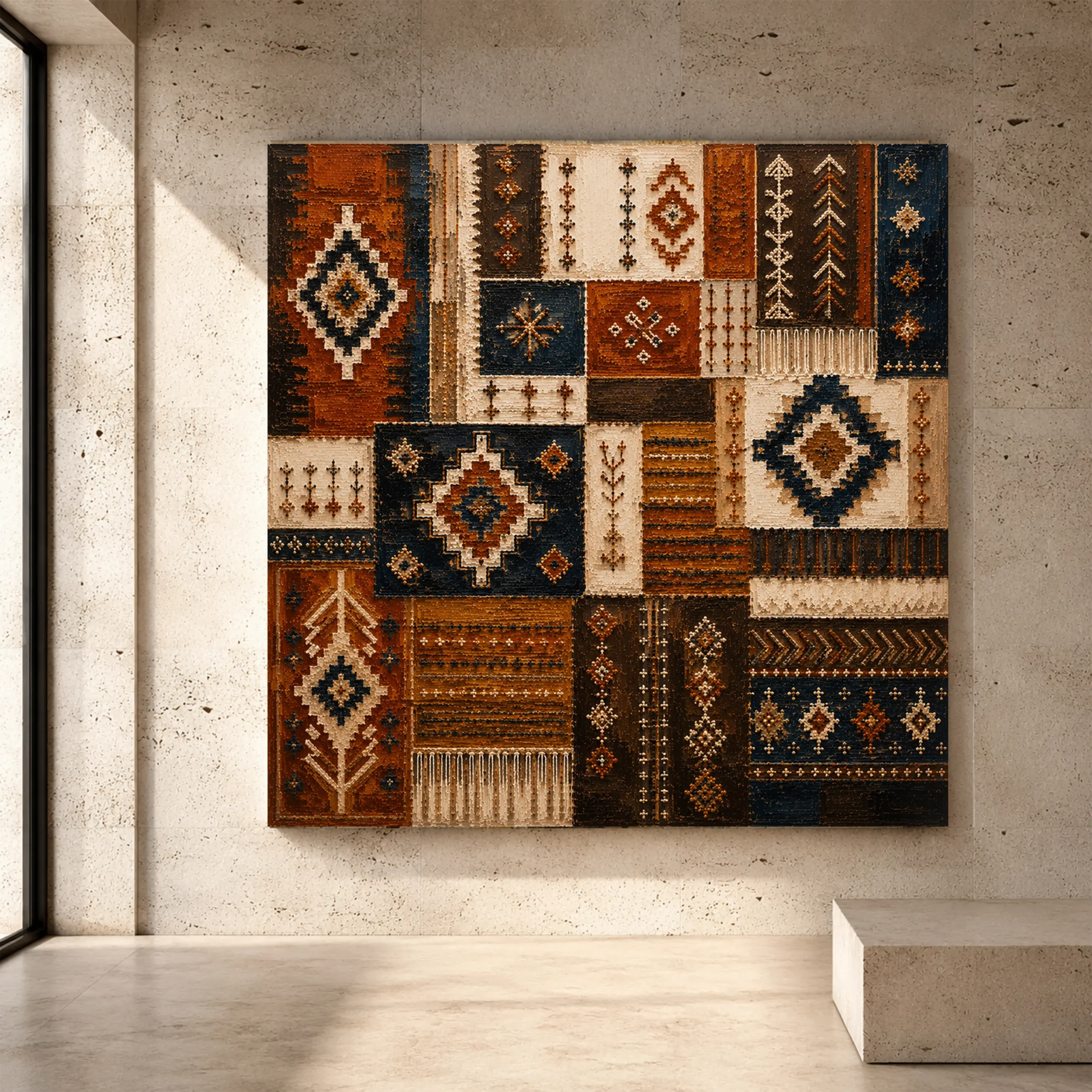 Premium Wall Art Kare Html Edition – ETNİCART079 Image 1 Indigo and rust Global Textile Wall Art print for elegant interiors. No text or watermarks in design.