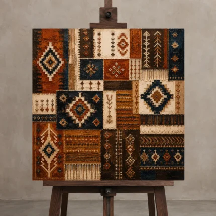 Indigo & Rust Tapestry Global Textile Wall Art Canvas Print displayed on a studio easel