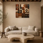Indigo & Rust Tapestry Global Textile Wall Art Canvas Print presented in a sophisticated home setting