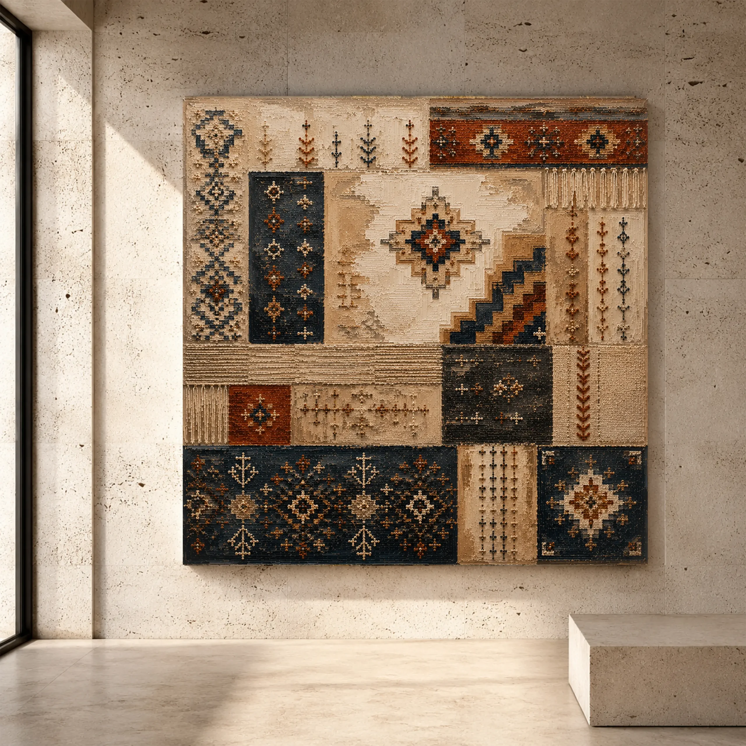 Premium Wall Art Kare Html Edition – ETNİCART080 Image 1 Indigo and rust Global Textile Wall Art print for elegant interiors. No text or watermarks in design.