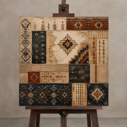 Indigo & Rust Quiet Luxury Global Textile Wall Art Canvas Print displayed on a studio easel