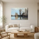 Claude Monet Bateaux dans le port de Honfleur Living Room Wall Art Print styled in a refined neutral interior