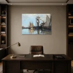 Claude Monet Bateaux dans le port de Honfleur Living Room Wall Art Print displayed in a contemporary gallery-inspired room