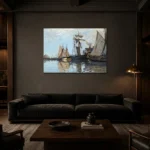 Claude Monet Bateaux dans le port de Honfleur Living Room Wall Art Print shown in a warm modern interior
