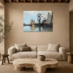 Claude Monet Bateaux dans le port de Honfleur Living Room Wall Art Print presented in a sophisticated home setting