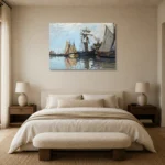 Claude Monet Bateaux dans le port de Honfleur Living Room Wall Art Print showcased in an elegant minimalist interior