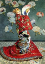 Camille Monet In Japanese Costume by Claude Monet, a living room wall art print for refined interiors