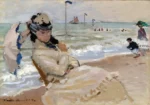 Camille on the Beach in Trouville by Claude Monet, a living room wall art print for refined interiors
