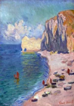 Étretat, The Beach and the Falaise d’Amont by Claude Monet, a living room wall art print for refined interiors