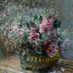 Fleurs dans un pot (Roses et brouillard) by Claude Monet, a kitchen wall art print for refined interiors