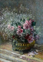 Fleurs dans un pot (Roses et brouillard) by Claude Monet, a kitchen wall art print for refined interiors
