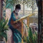 Madame Monet Embroidering (Camille au métier) by Claude Monet, a living room wall art print for refined interiors