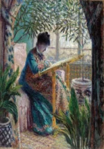 Madame Monet Embroidering (Camille au métier) by Claude Monet, a living room wall art print for refined interiors