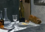 Still Life with Bottle, Bread and Wine by Claude Monet, a kitchen wall art print for refined interiors