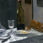 Still Life with Bottle, Bread and Wine by Claude Monet, a kitchen wall art print for refined interiors