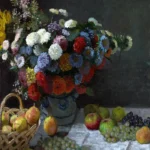 Still Life with Flowers and Fruit by Claude Monet, a kitchen wall art print for refined interiors