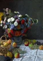 Still Life with Flowers and Fruit by Claude Monet, a kitchen wall art print for refined interiors