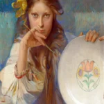 Girl with a Plate with a Folk Motif by Alphonse Mucha, a dining room wall art print for refined interiors