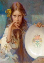Girl with a Plate with a Folk Motif by Alphonse Mucha, a dining room wall art print for refined interiors
