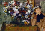A Woman Seated beside a Vase of Flowers by Edgar Degas, a kitchen wall art print for refined interiors