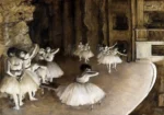 Ballet Rehearsal On Stage by Edgar Degas, a living room wall art print for refined interiors
