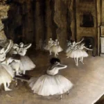 Ballet Rehearsal On Stage by Edgar Degas, a living room wall art print for refined interiors