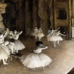 The Rehearsal of the Ballet on Stage by Edgar Degas, a living room wall art print for refined interiors