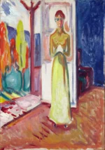 Woman Standing in the Doorway by Edvard Munch, a living room wall art print for refined interiors