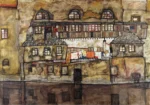 House Wall on the River by Egon Schiele, a living room wall art print for refined interiors